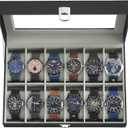 SONGMICS Watch Box, 12-Slot Watch Case Organizer with Large Glass Lid, Removable Pillows, Gift for Loved Ones, Black Synthetic Leather, Gray Lining UJWB12BK