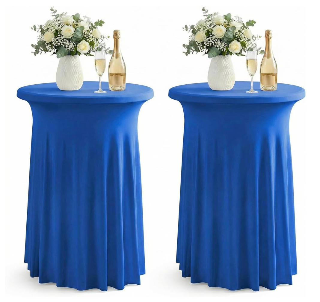 ArtSocket 2-Pack Blue Spandex Cocktail Table Covers, Stretch Fitted High Top Highboy Tablecloths with Ruffle Skirt, Wrinkle-Resistant, for Wedding Banquet Party Bar Tables (32" Dia x 43" H)