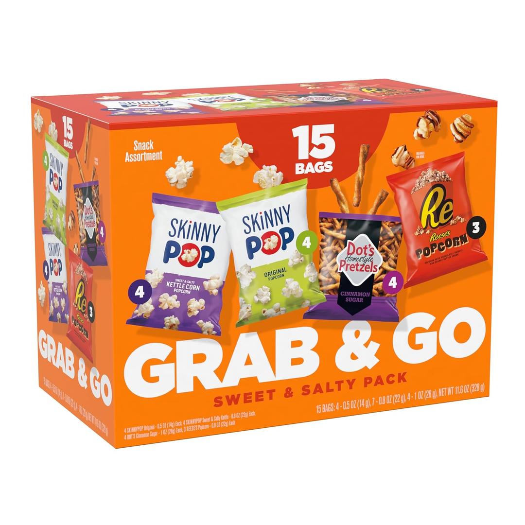 SkinnyPop Sweet & Salty Variety Pack, SkinnyPop Original and Kettle Corn, Dot's Cinnamon Sugar Pretzels, Reese's Popcorn, On-the-Go Snacks, Individually Sized Bags, (15 Count), BBD: 07/17/2026