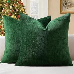 DecorUhome Chenille Christmas Green Throw Pillow Covers 18x18 Inch Set of 2, Decorative Soft Couch Pillow Covers Solid Dyed Accent Farmhouse Neutral Square Pillow Cases for Sofa