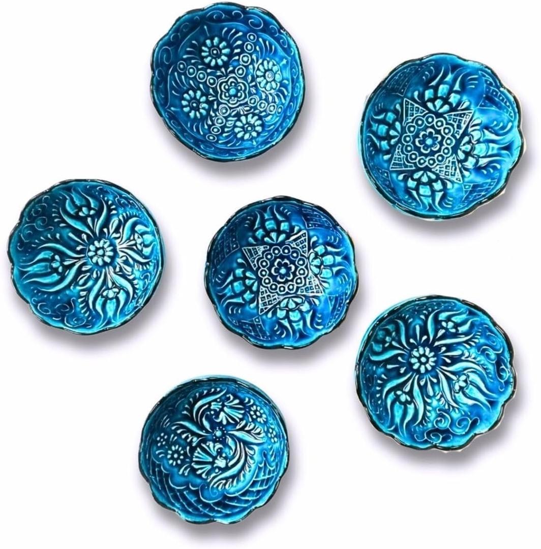 Handmade Decorative Turkish Ceramic Bowl Set of 4, Blue Pinch Bowls for Dipping&Serving - Small Versatile and Unique Charcuterie Accessories, Mini Sauce Dish, Floral Pattern Snack Bowls