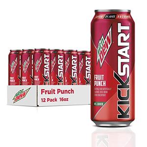 Mountain Dew Kickstart, Fruit Punch, 92mg Caffeine, Vitamins B & C, 80 Calories, 5% Juice, 16 fl oz (12 Count), BBD:06/22/2026