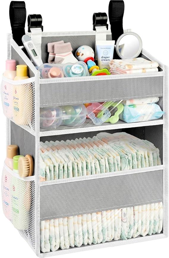Hanging Diaper Organizer, 2 Tier Hanging Diaper Caddy, Holds 90+ Diapers
Durable Diaper Organizer for Changing Table,Cribs,Car,Playard or Wall & Nursery Organization, 4 Mesh Pockets, Won't Deform