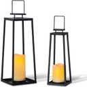 Solar Lantern Decorative Outdoor Set of 2 (18 & 15) Modern Black Metal Lanterns with Solar Candles, Decorative Candle Lanterns for Outdoor Porch, Patio, Garden, Yard Decor