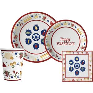Traditional Passover Tableware Pack: Disposable Paper Plates, Napkins and Cups Set for 20