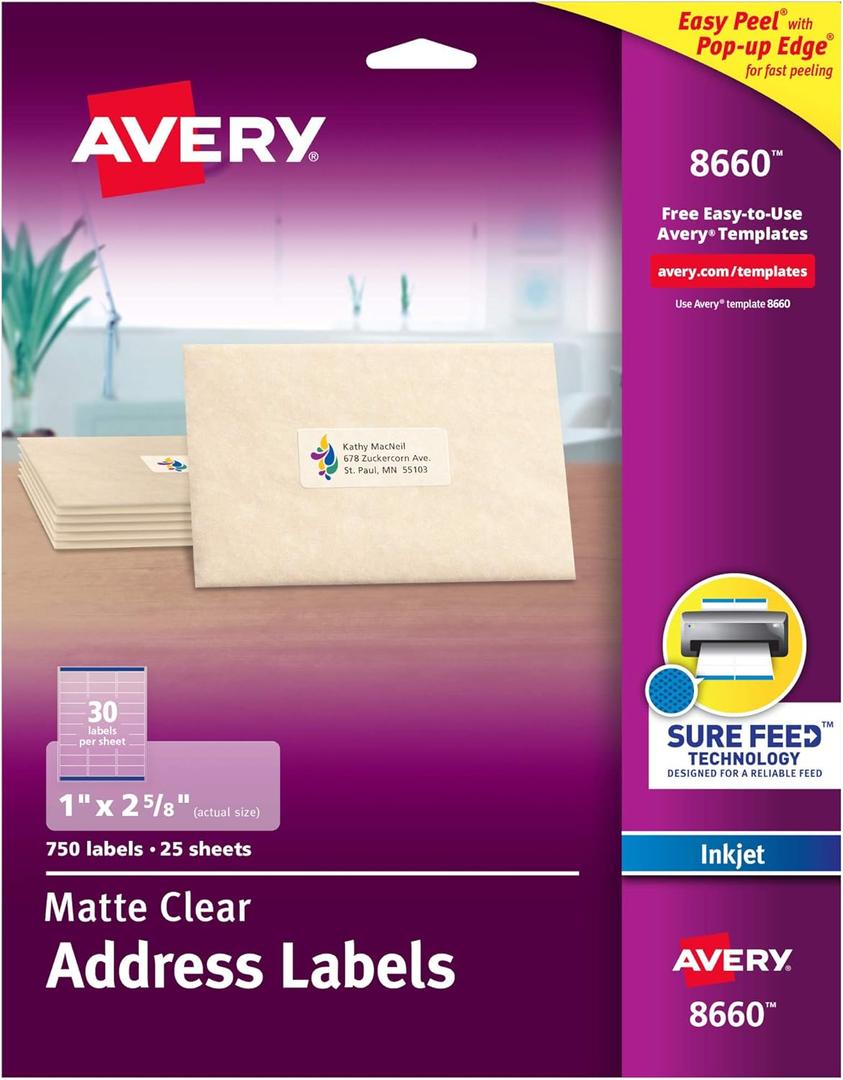 Avery Printable Address Labels with Sure Feed Technology, 1" x 2-5/8", Matte Clear, Compatible with Inkjet Printers, 750 Blank Labels Total, Great for Mailing, Branding, and More (8660)