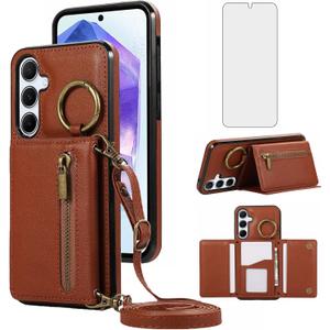 Compatible with Samsung Galaxy S26 Plus S26+ 5G Wallet Case with Tempered Glass Screen Protector Crossbody Shoulder Strap Buckle Card Holder Cell Phone Cover for S26Plus 26S + S 26 26+ Women Brown