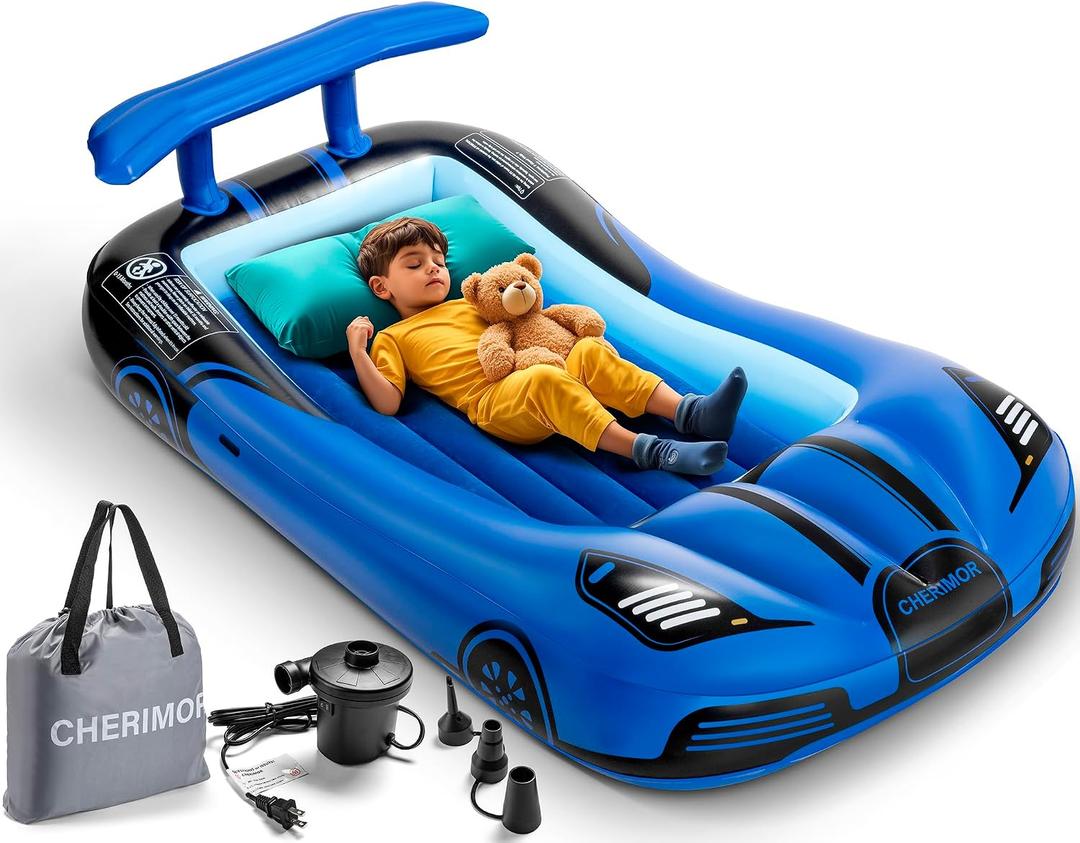CHERIMOR Inflatable Toddler Travel Bed with Safety Bumpers & 2 Mins Auto Inflation Pump, Portable Toddler Kids Air Mattress with Carry Bag for Home Grandma's Sleepovers Travel Camping, 330lbs Support