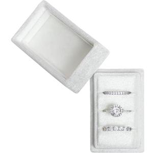 Rectangle 3 Slots Italian Velvet Jewelry Box Engagement Wedding Photo Ring Box Keepsake Box Triple Ring Gift Box (White)
