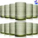 Vintage Glassware Drinking Glasses Set Of 12, Green 14Oz & 11Oz Hobnail Glass Cups Elegant Bubble Old Fashioned Glassware For Juice & Cocktails, Dishwasher Safe, Perfect For Home, Parties & Gifts