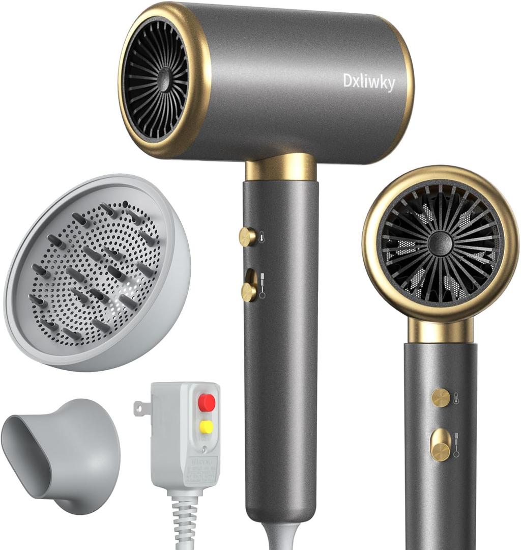 Ionic Hair Dryer with Diffuser and Concentrator, Powerful 1875W Fast-Drying Blow Dryer, Constant Temperature, Compact Lightweight Hair Dryer for Home Salon Travel (Silvery)