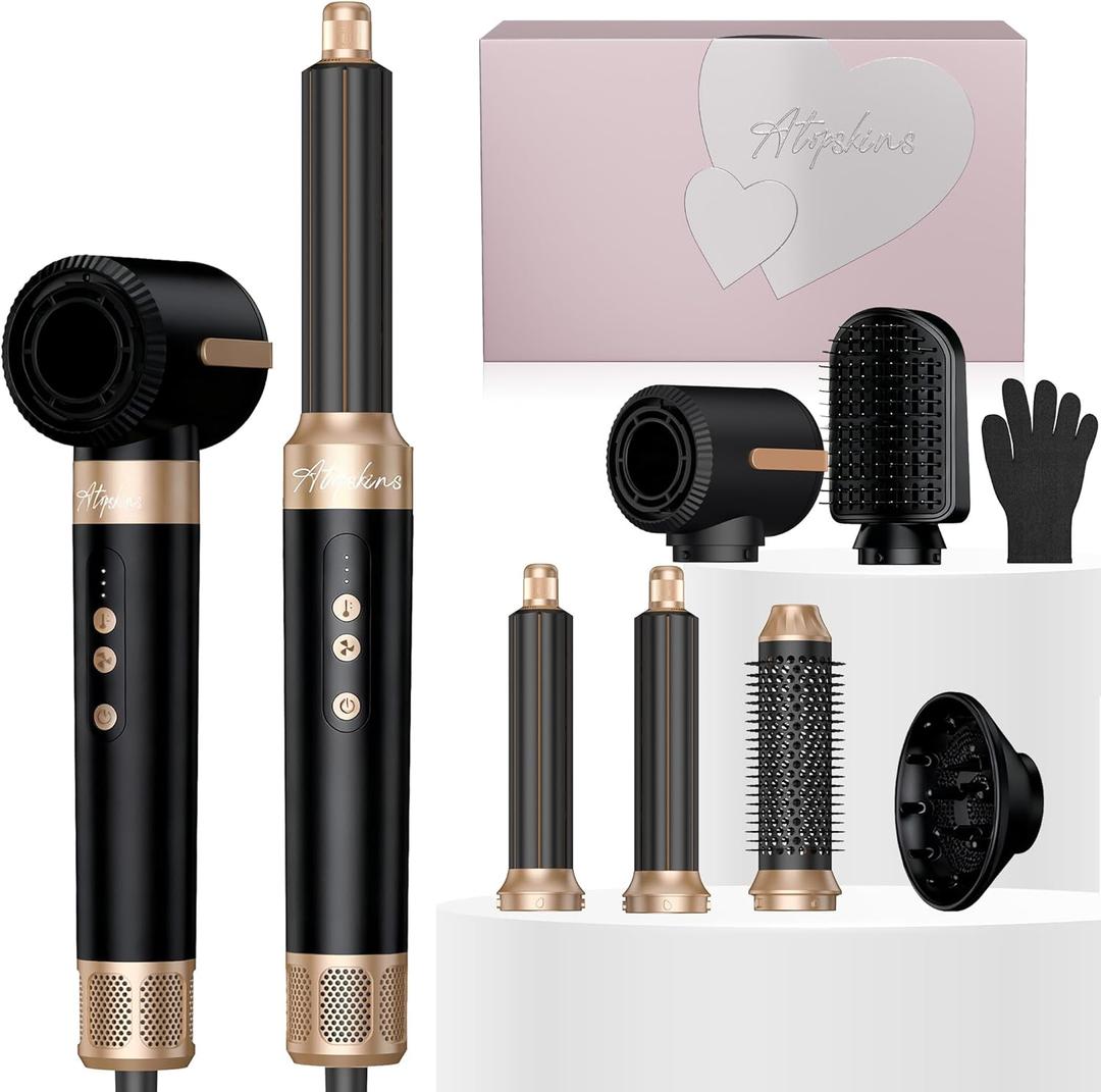 7 in 1 Blow Dryer Brush, Hair Dryer Brush Set 110,000 RPM with Negative Ion Hair Styler Multi Styling Dry, Curling, Volumizing, Straightening and Styling (Black)