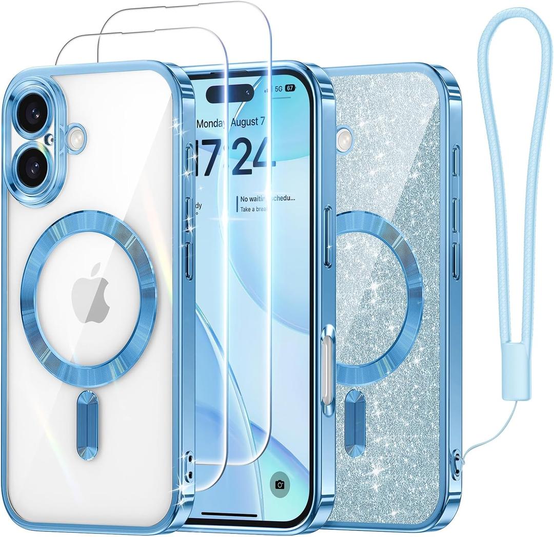 Meifigno Candy Series Case Designed for iPhone 16 Plus 6.7, [2X Screen Protectors] [Glitter Card & Wrist Strap] [MagSafe Compatible] Full Camera Protection for 16 Plus Case, Sky Blue