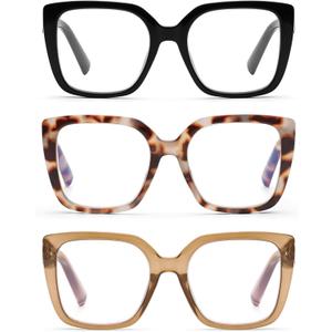 DOOViC 3 Pack Oversized Reading Glasses for Women Blue Light Blocking Square Stylish Computer Readers (3 Colors-s1)