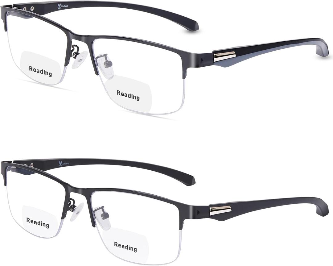 2 Pack Men's Bifocal Reading Glasses Clear Top Blue Light Blocking,Lightweight Rectangular Semi-Rimless Metal Frame TR90 Temples Readers, Black/Grey Bifocal, 3.00x