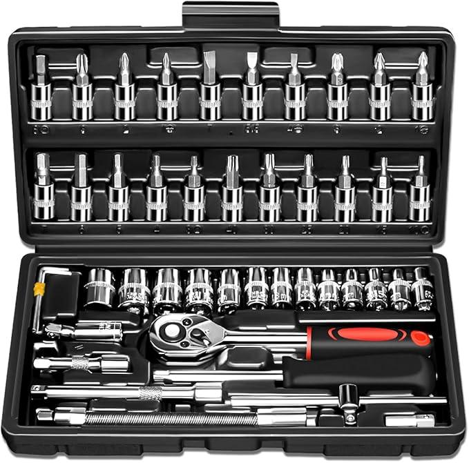 Egofine 46 Pieces 1/4 inch Drive Socket Ratchet Wrench Set, with Bit Socket Set Metric and Extension Bar for Auto Repairing and Household, with Storage Case