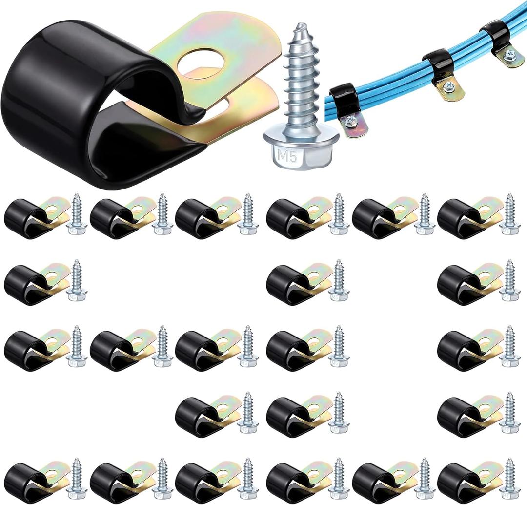 Tandefio 50 Pcs 1/2" Stainless Steel Cable Clamp Rubber Coated Insulated Brake Line Clips with Self Tapping Screws Conduit Wire Holder Strap Clips Metal Hose Pipe Clamps for DIY Automotive Boat