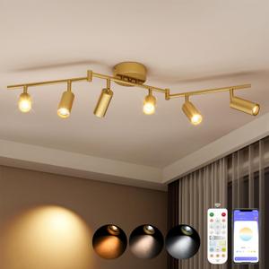 6 Light Heads Gold Track Lighting Kit, 36W CCT 2700K-6000K & Brightness Dimming, Modern LED Ceiling Light Fixture with Flexible Rotatable Heads, APP Remote Control Gold Kitchen Light Fixture