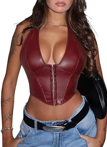 Floerns Women's Y2K PU Leather Halter Neck Hook Eye Backless Asymmetrical Party Crop Tank Top Size S