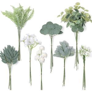 YXZZWL Artificial Greenery Stems Box Set65 Pcs with 8 Kinds of Faux Greenery Branches Fake Eucalyptus for Wedding DIY Bouquets Floral Arrangement Table Centerpieces (Dusty Green & White)