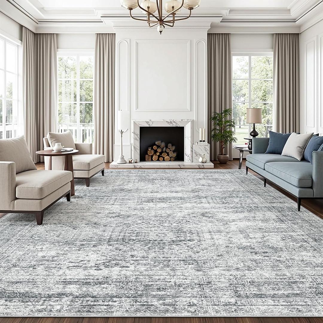 Soalmost 10x14 Area Rugs for Living Room, Non Slip Machine Washable Vintage Rugs, Low Pile Lightweight Large Rug for Bedroom, Dining Room, Home Office Grey