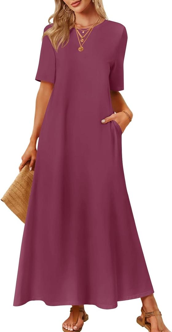 MEROKEETY Summer Casual Maxi Dresses for Women 2026 Vacation Crew Neck Short Sleeve Modest Long T Shirt Dress with Pockets (L)