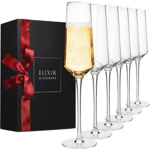 ELIXIR GLASSWARE Classy Champagne Flutes - 8 oz - Set of 6 Elegant Flute Wine Glasses - Hand Blown Crystal Champagne Glasses - Wedding Gifts for Couples, Engagement Gift, Housewarming Gifts