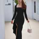 XXTAXN Womens Formal Bodycon Square Neck Long Sleeve Wedding Guest Party Slip Fitted Midi Dress (Black, S)