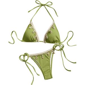 Verdusa Women's 2 Piece Sexy Halter Triangle Bikinis Thong Tie Seashell Bikini Sets Swimsuits Swim Bathing Suit (Green) M