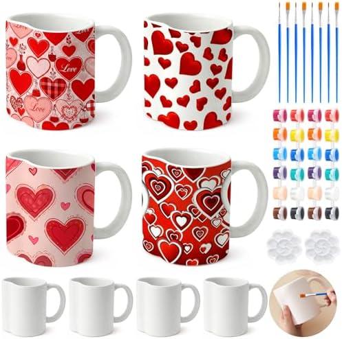 LOYIM Set of 3 Galentines Crafts for Adult Valentines Day Ceramic to Paint Color Your Own Heart Shaped Mugs DIY Painting Kit with Paints, Brushes, Palette for Valentines Couple Activity Art Decoration