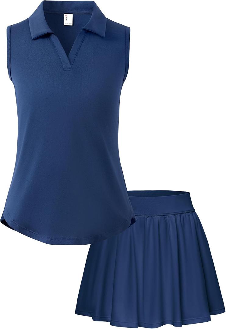 PATPAT Girls Tennis Outfits Size 13-14, Navy Blue Sleeveless Polo Shirts + Pleated Skirt with Built in Shorts 2 Piece Outfits Clothes For Girls Gym Outfits Kids Activewear Sets