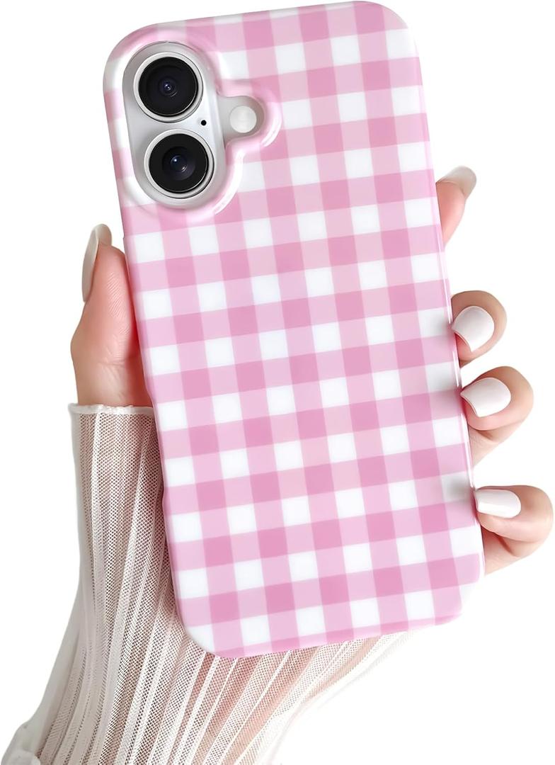 Skyseaco for iPhone 16 Case Cute Aesthetic Gingham Phone Case Soft Slim TPU Shockproof Phone Cover for Women Girls - Pink