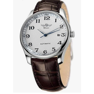 VIGOROSO Men's Automatic Mechanical Watch Day Calendar Leather Band Arabic Numerals Wristwatch for Men (Silver)