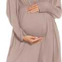 SWOMOG Women Maternity Nursing Gown and Robe Set 3 in 1 Labor Delivery Nursing Nightgown for Breastfeeding Hospital Bathrobe, Light Brown Large