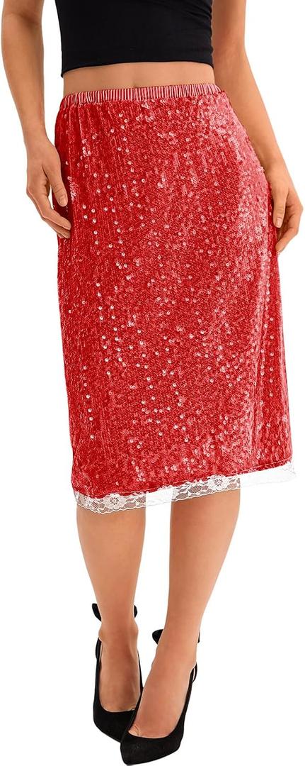 Yousify Womens Sequin Midi Skirts Y2K Elastic High Waisted Lace Trim Sparkly Stretchy Night Out Club Concerts Party Skirt (Red, M)