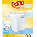 Glad Medium Trash Bags, 8 Gallon, Febreze Fresh Clean Garbage Bags, With Odor Control and Drawstring, 80 Count