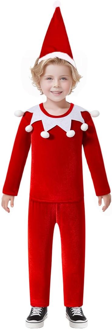 Christmas Kids Party Cosplay Suit Santa's Helper Costume Xmas Suit Festive Outfit (Medium, Red)