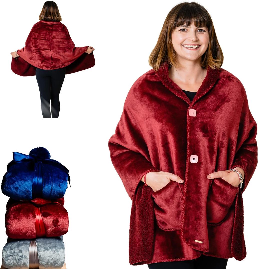 Premium Double Layer Wearable Blanket for Women -Easy On Easy Off No Sleeves- Drape and Go - Gifts for Women Who Have Everything - Gifts for Her Grandma and Mom (Burgundy)