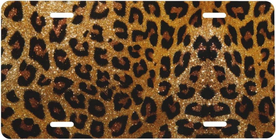 Glitter Leopard Print Front License Plate for Women Car Vanity Plates Decorative Aluminum Metal Cute Novelty License Plate Cover for Men 6x12 Inch (4 Holes)