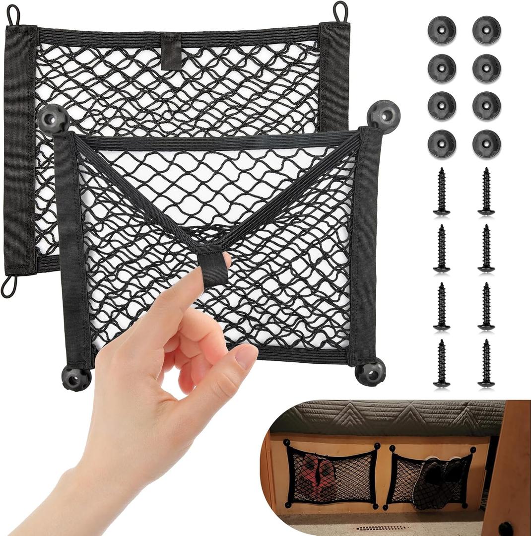 RED WOLF 2 Layer Small Mesh Cargo Net Elastic Storage Netting 2 Pcs Stretchable Car Organizer Net 1410 Inch for Trunk RV Boats Home Auto Cargo Net Pocket with Screws and Hooks
