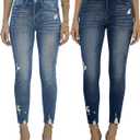 Women's Mid Waisted Jeans Trendy Distressed Stretch Ripped Butt Lift Denim Pants (Pack of 2) (Large, Blue & Dark Blue)