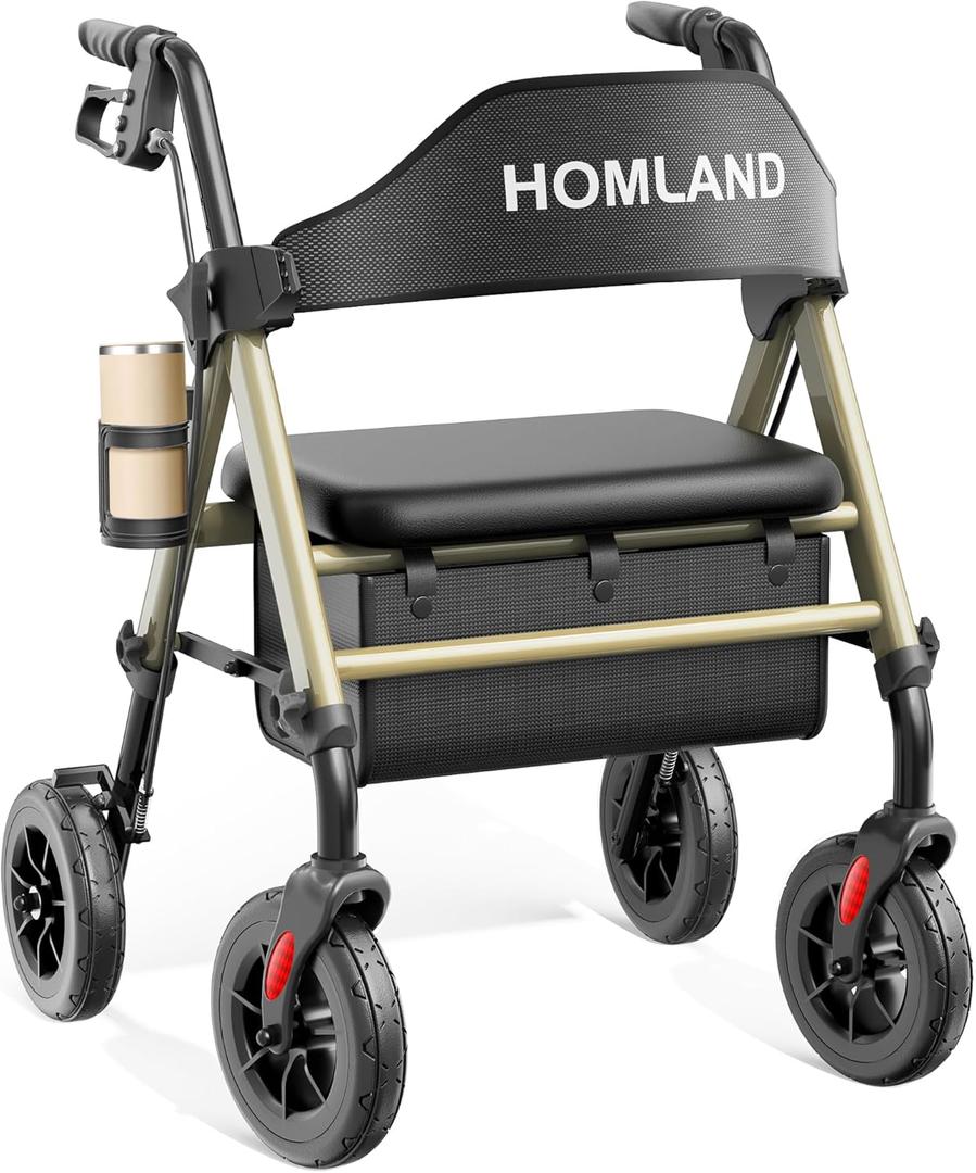 HOMLAND Walkers for Seniors with Seat, Foldable Rollator Walker, Reinforced Aluminum Frame, 8" Big Rubber Wheels for All Terrain, Height Adjustable Lightweight Rolling Walker (400 Pound, Champagne)