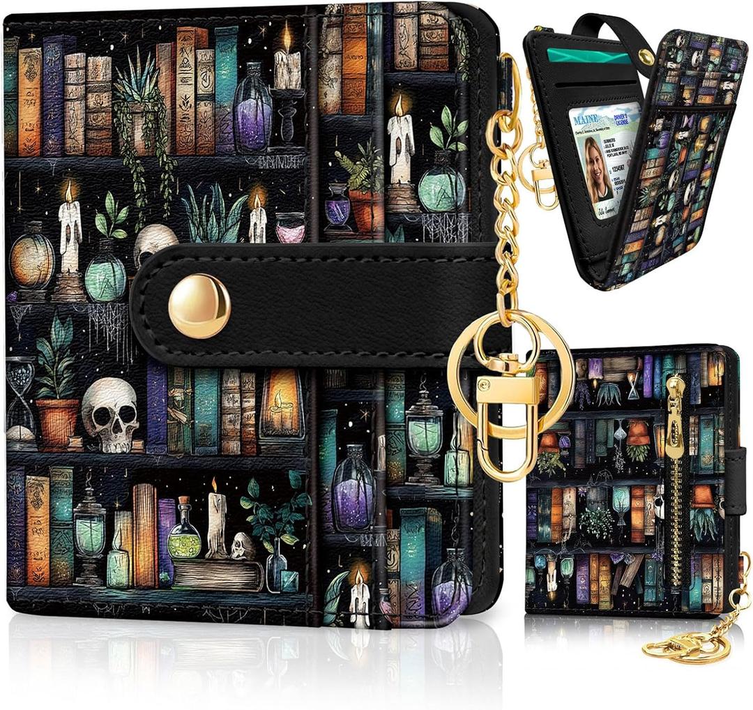 Bookshelf and Skull Goth Gothic Skeleton Rfid Women Wallet, Small Slim Thin Compact Travel Credit Card Wallet, PU Leather Bifold Cash Wallet, Zipper Coin Pocket ID Window, Female Ladies Gifts