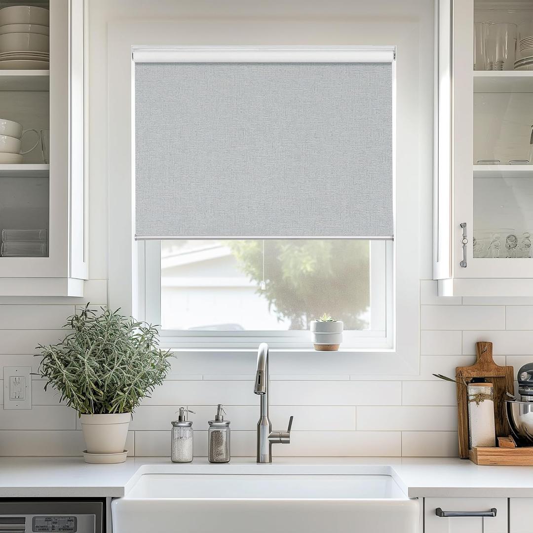 ChrisDowa Cordless 100% Blackout Roller Shade, with Striped Jacquard, Thermal Insulated, UV Protection Fabric, Total Blackout Blinds for Window, French Doors, Home and Office.Light Grey, 28"W x 72"H