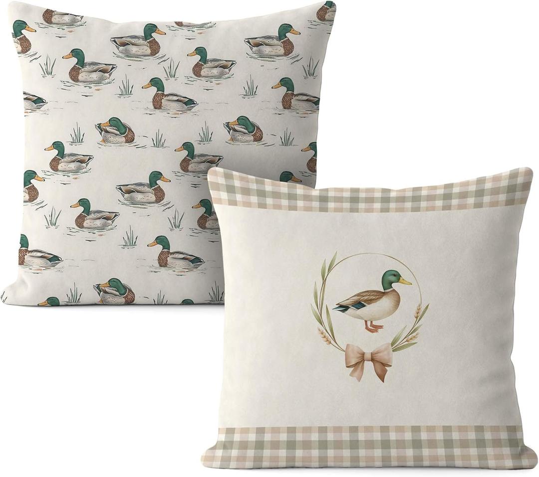 Mallard Duck Pillow Covers 18x18, Mallard Duck Nursery Decor, Farmhouse Beige Gingham Bow Farm Animal Decorative Throw Pillow Covers for Home Living Room Kids Bedroom Sofa Couch Set of 2