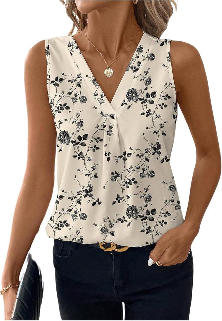 RoseSeek Women's Floral Sleeveless Blouses Dressy Casual Shirt V Neck Summer Tank Tops Vest Multicolor, Small