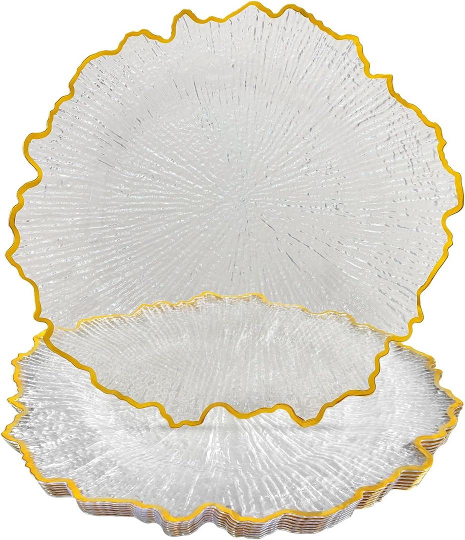 CN JIAHE 13inch Clear Acrylic Reef Gold Rim Charger Plates Set of 8 , for Dinner , Wedding , Party , Event Decoration.