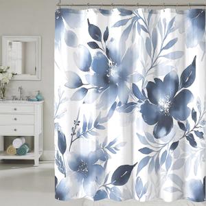 Floral Shower Curtain, Blue Watercolor Flower Shower Curtains for Bathroom, Modern Minimalist Waterproof Fabric Bath Curtain 72x72 Inch