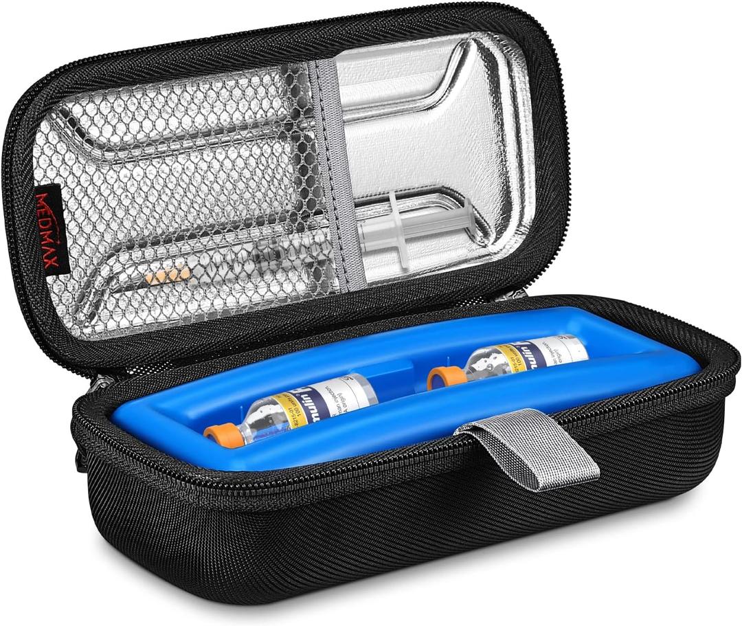 Insulin Vial Carrying Cooler Case, Portable Water Resistant Insulated Diabetic Organizer Protective Hard Shell Medical Travel Case with One Ice Brick TSA Approved (Black)