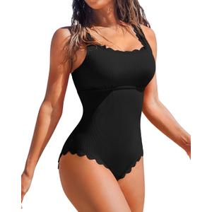 Charmo Womens Scalloped Ribbed One Piece Swimsuits Retro Square Neck Modest Bathing Suits (Medium, Black)